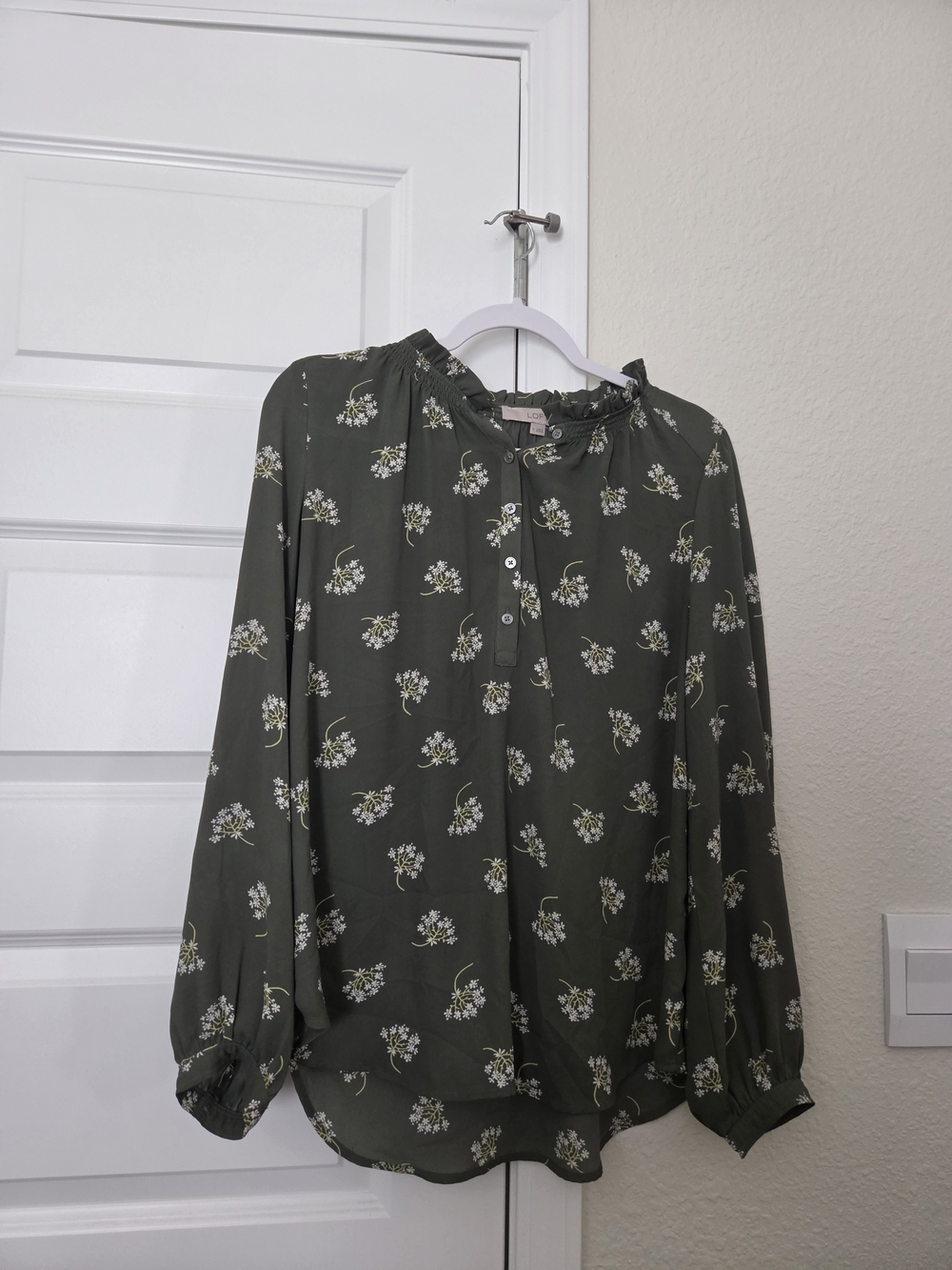 LOFT Olive Green Floral Long-Sleeve Peasant Top